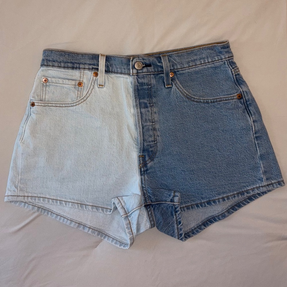 Levi's Two-Tone High-Waist Denim Shorts - Dark Blue & Light Blue - Picture 2 of 5